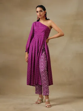 Purple Bandhani Printed Silk One Shoulder Kurta Pant Set