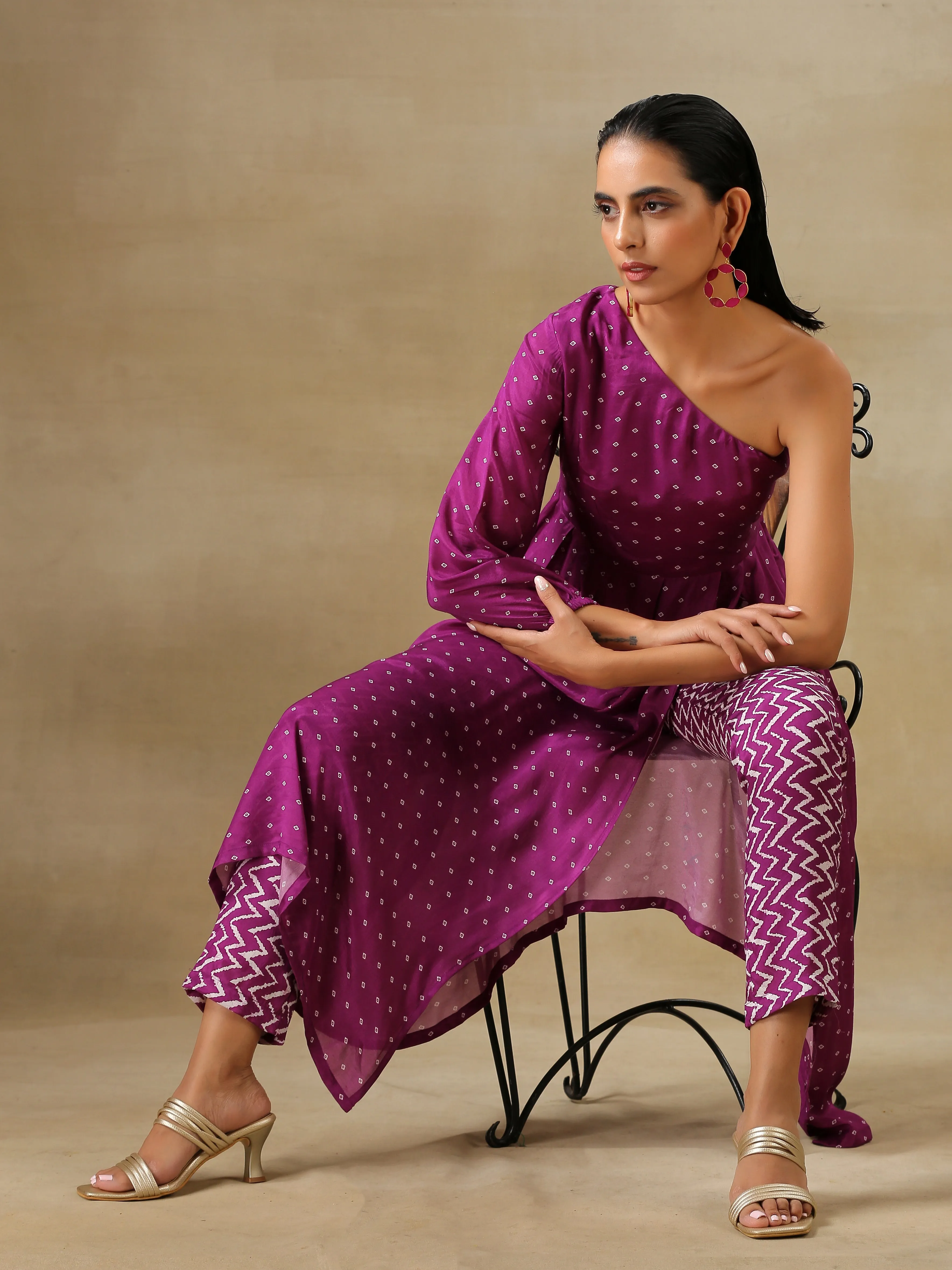 Purple Bandhani Printed Silk One Shoulder Kurta Pant Set