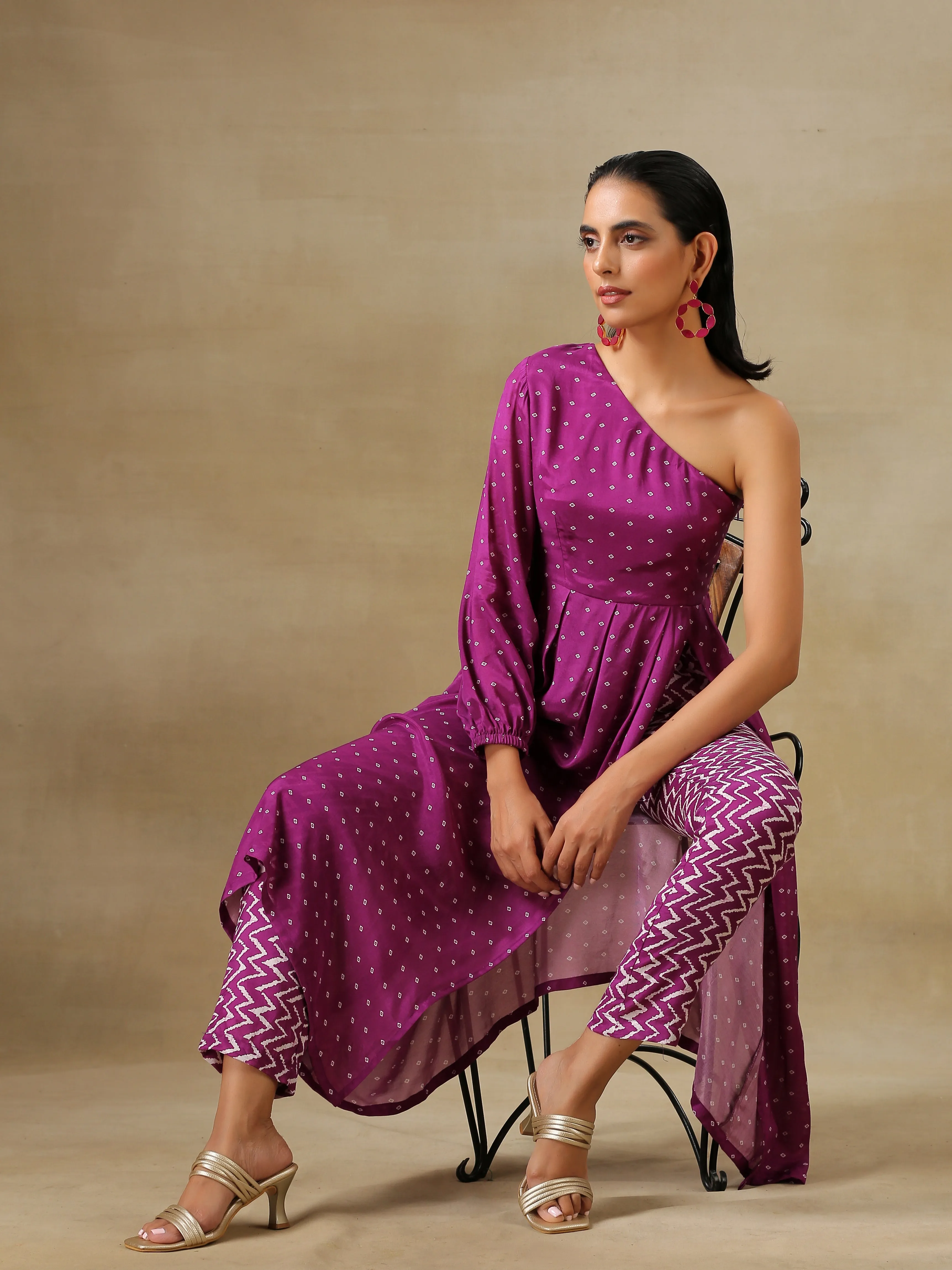 Purple Bandhani Printed Silk One Shoulder Kurta Pant Set