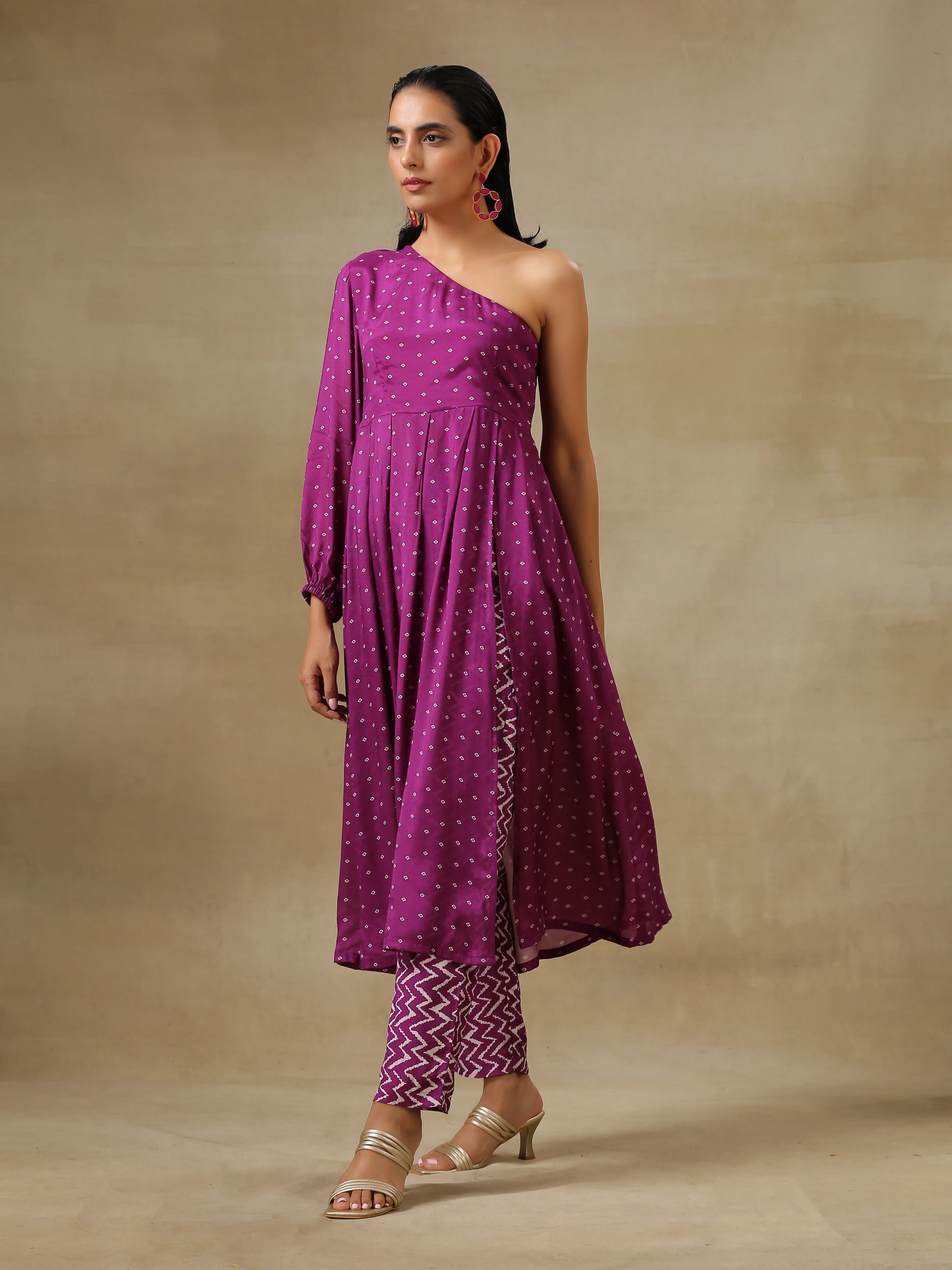 Purple Bandhani Printed Silk One Shoulder Kurta Pant Set