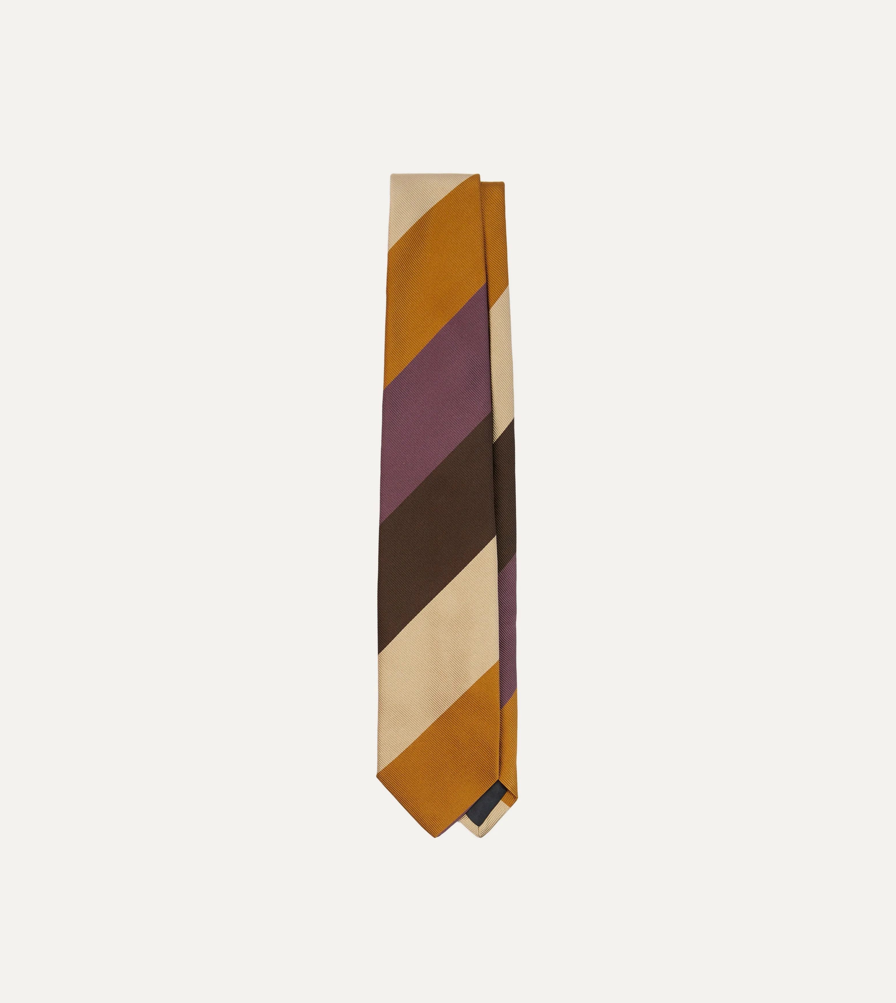 Purple, Brown and Cream Wide Stripe Repp Silk Tipped Tie