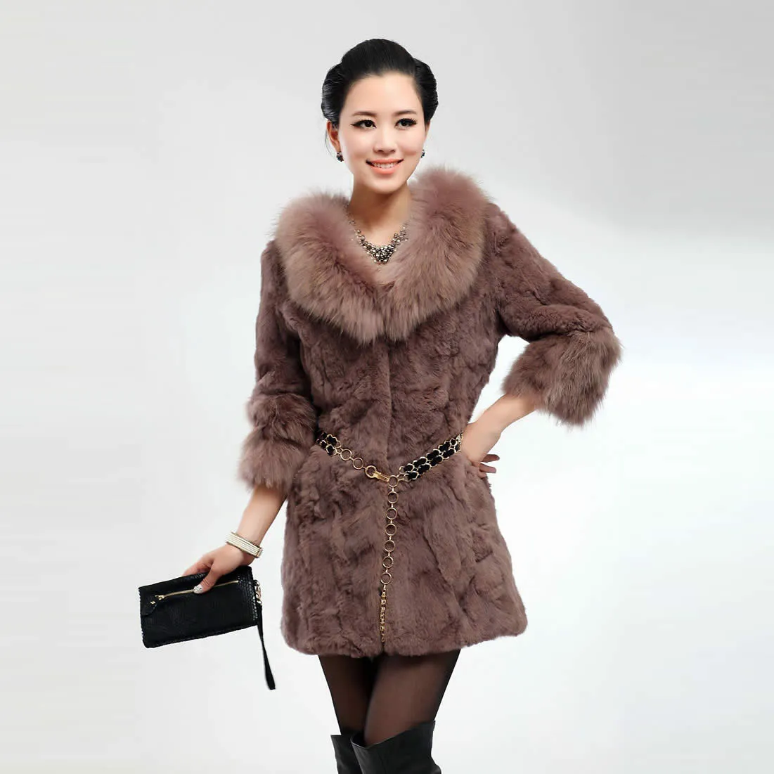 Real Rabbit Fur Coat with Raccoon Fur Collar and Cuff Jacket Overcoat  010130