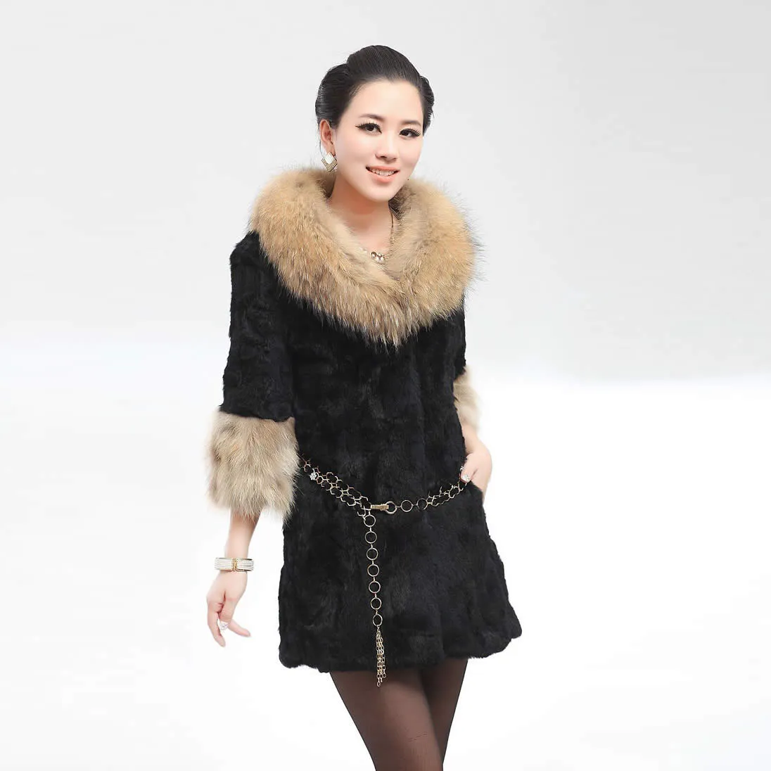 Real Rabbit Fur Coat with Raccoon Fur Collar and Cuff Jacket Overcoat  010130