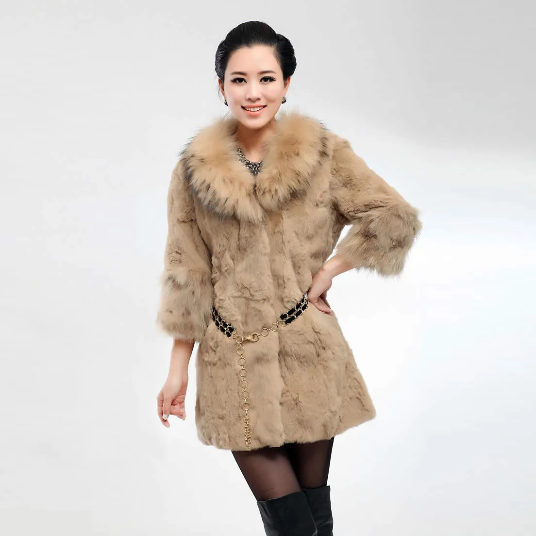 Real Rabbit Fur Coat with Raccoon Fur Collar and Cuff Jacket Overcoat  010130