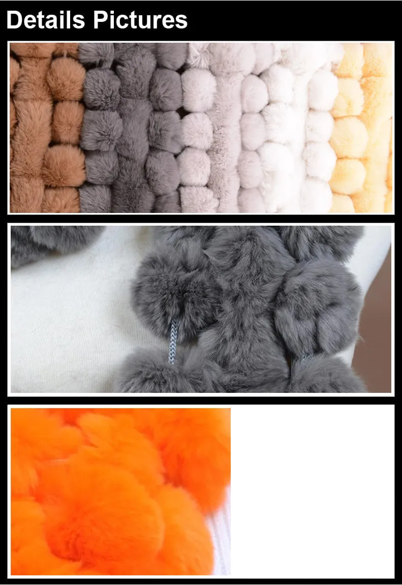 Real REX Rabbit Fur Ball Scarf Cute Wrap Cape Shawl Neck Warmer Children Women Winter Scarf FS14515