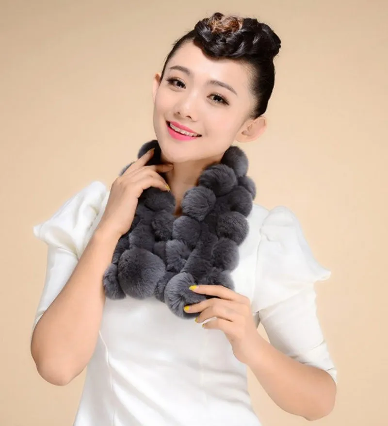 Real REX Rabbit Fur Ball Scarf Cute Wrap Cape Shawl Neck Warmer Children Women Winter Scarf FS14515