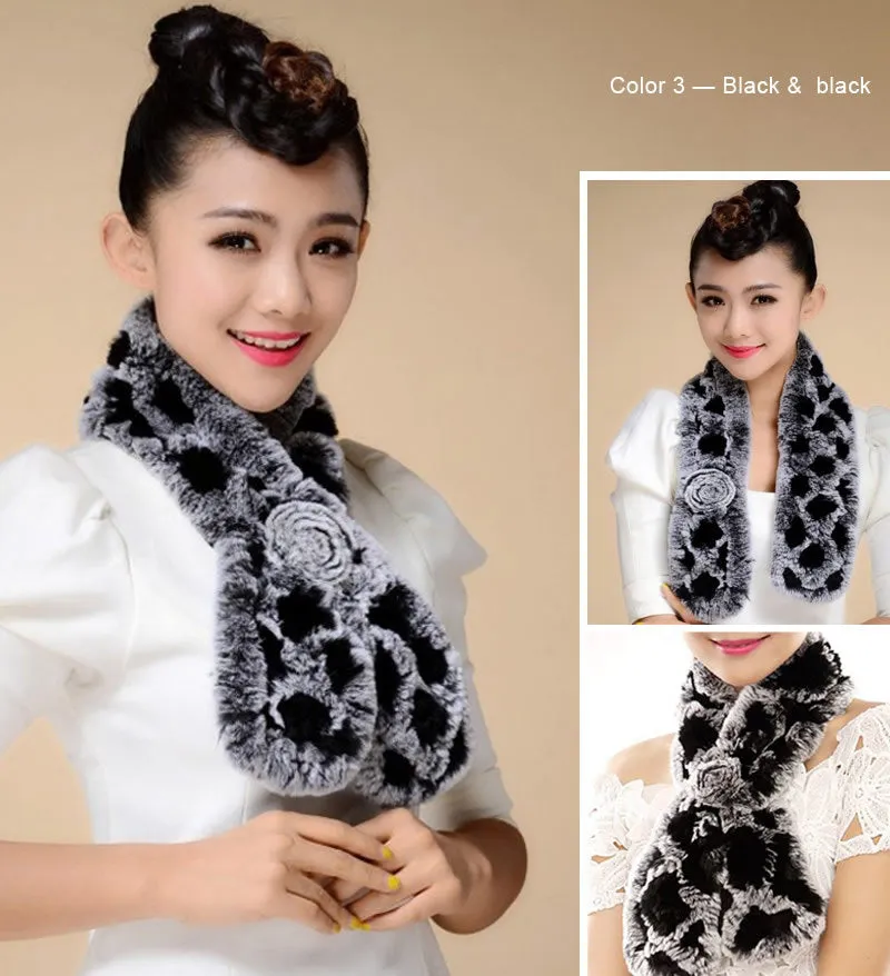 Real REX Rabbit Fur Scarf Wrap Cape Shawl Neck Warmer Women Scarf Flower Decoration FS14509