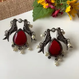 Salvanity German Silver Twin Bird Earrings Red