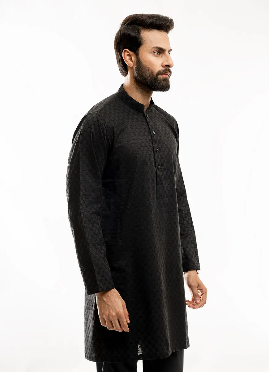 Schiffli Embroidered Black (Square Pattern), 100% Cotton Short Kurta