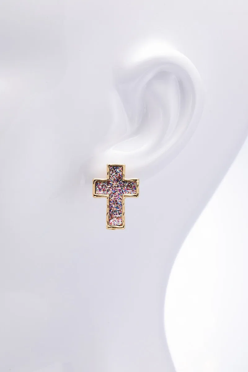 Sparkle Cross Faux Leather Earrings