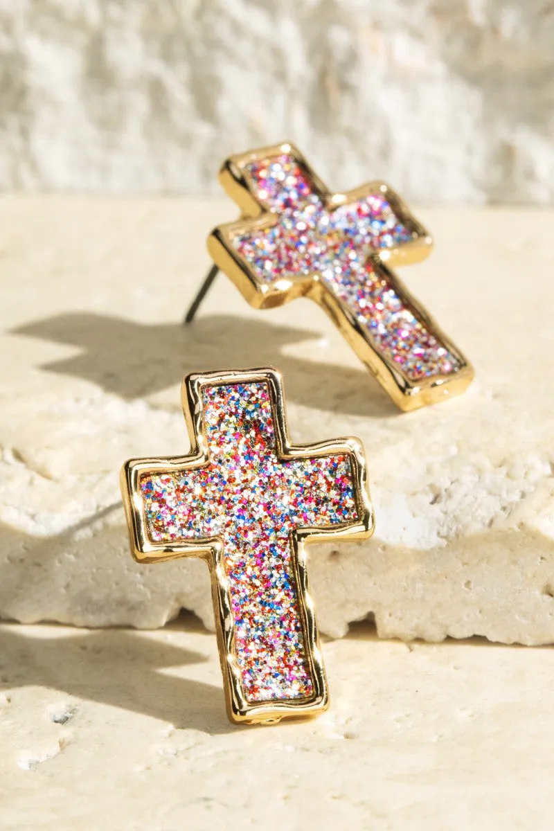 Sparkle Cross Faux Leather Earrings