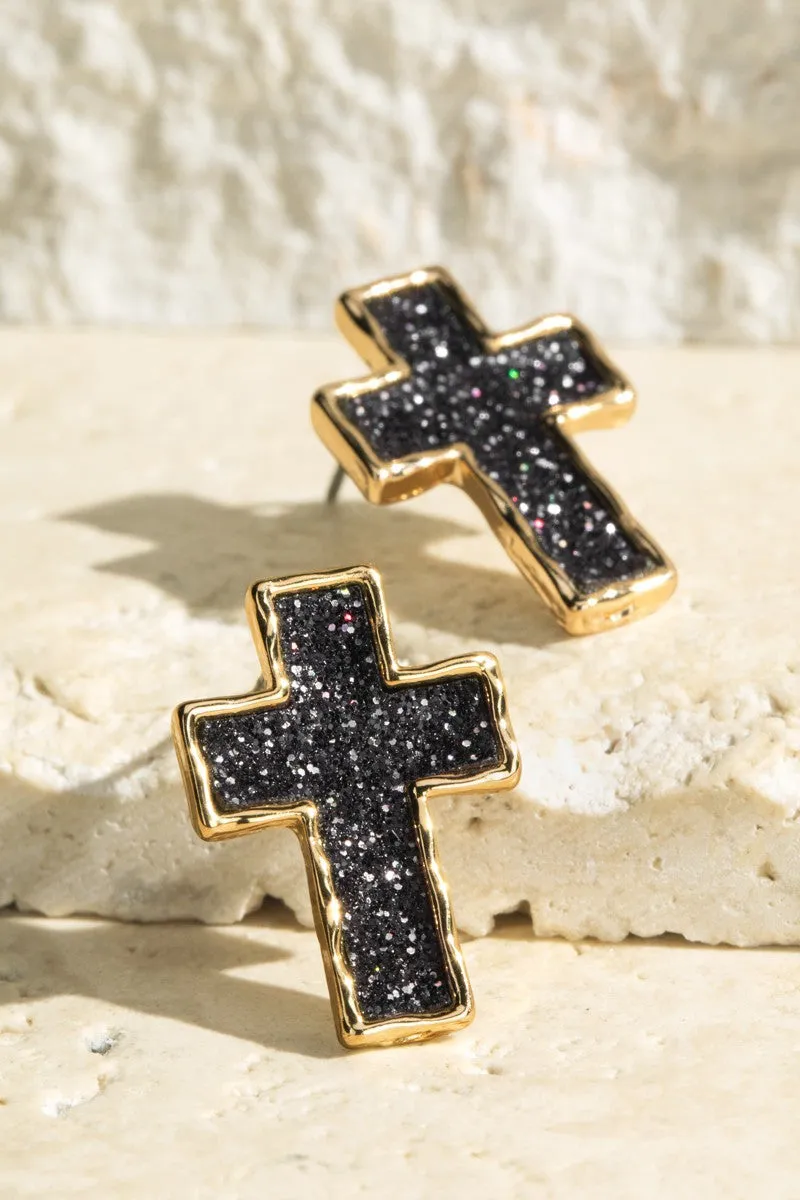 Sparkle Cross Faux Leather Earrings