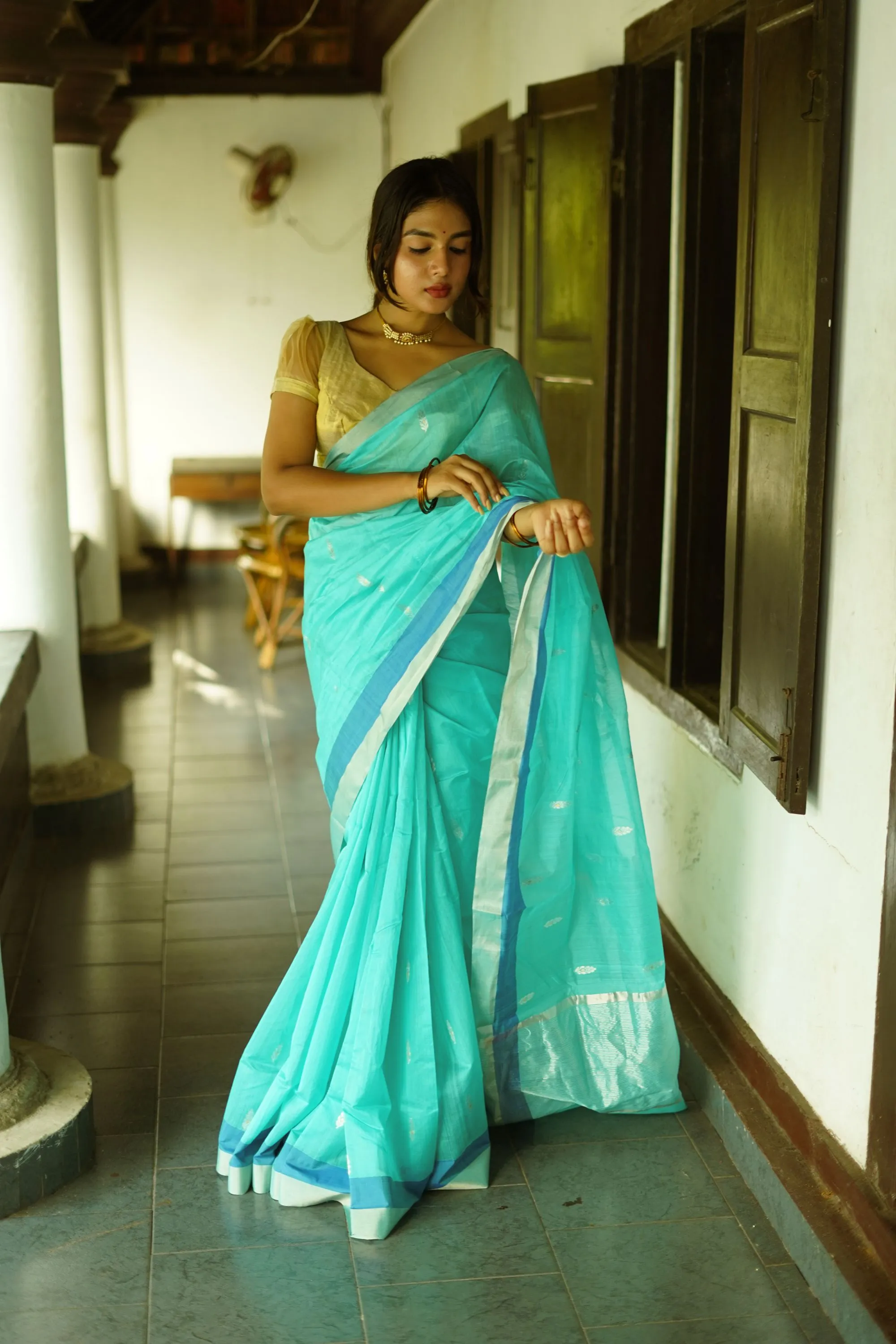 Utsav light Blue silk cotton silver Zari Chanderi Saree